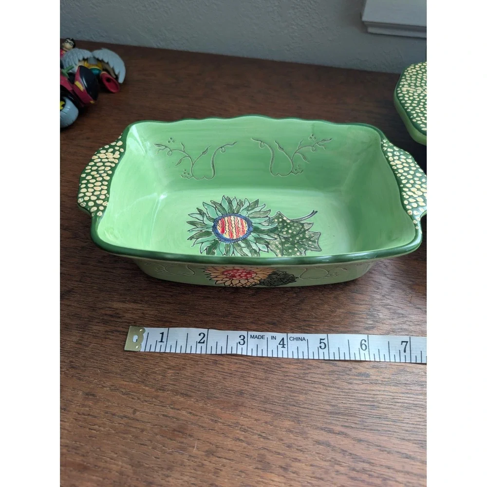 Blue Jean Chef Sunflower Ceramic Baker Set 2pc Green Floral Lasagna Casserole
